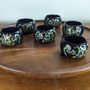 6 Vintage Hand Painted Wooden Napkin Rings Cobalt Blue Cream Lacquer Russian